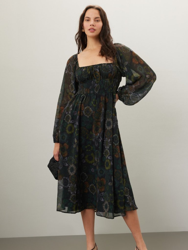 Square Neck Printed Midi Dress